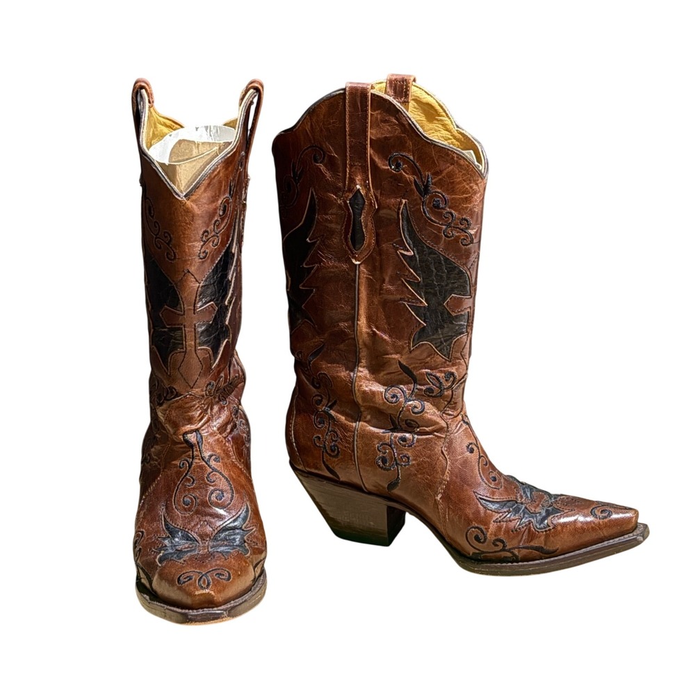 Bodacious Boot Co Womens Brown Black Goat Boots Sz 7.5 Snip Toe Western Cowgirl